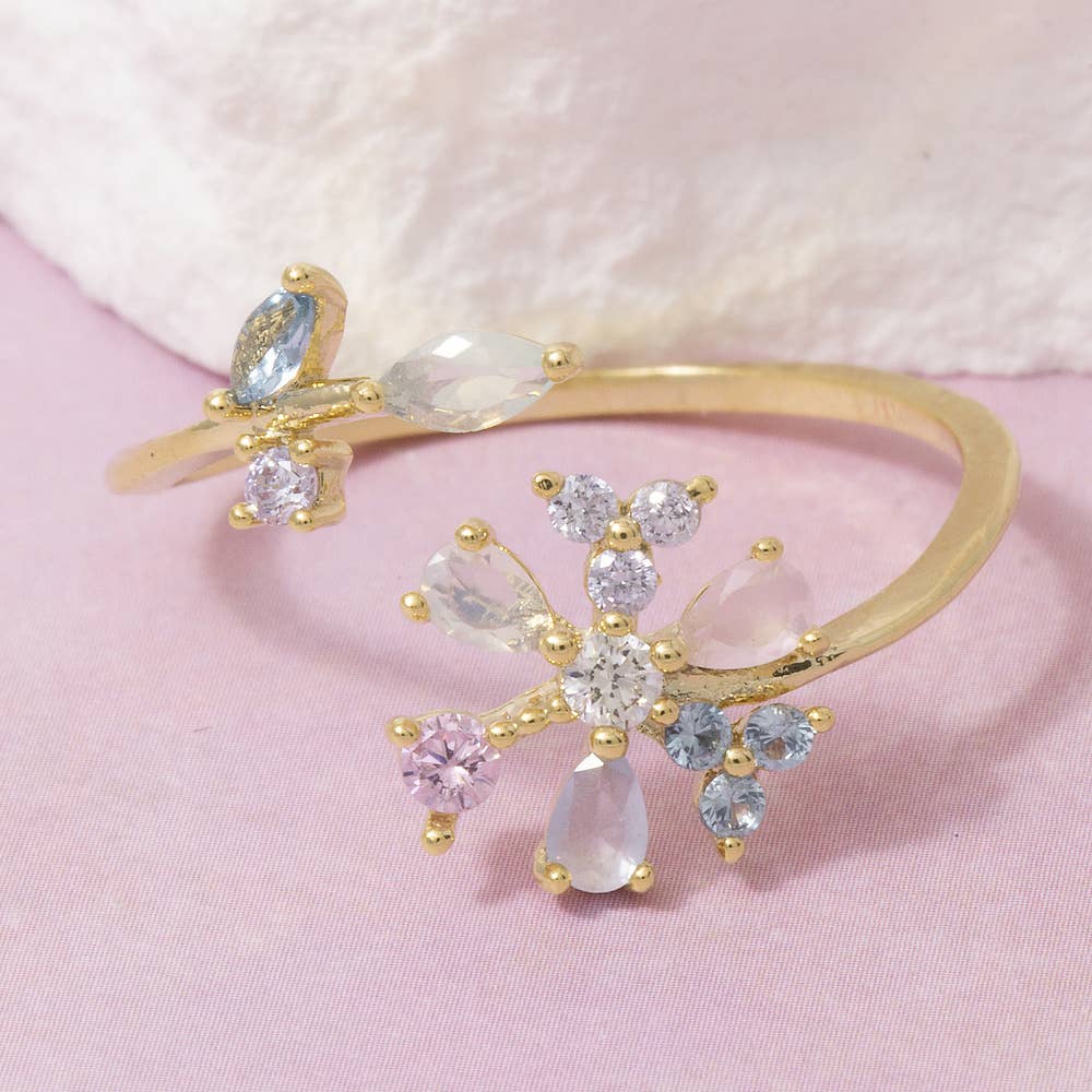 Gold Dipped Cz Multicolor Pastel Floral Ring