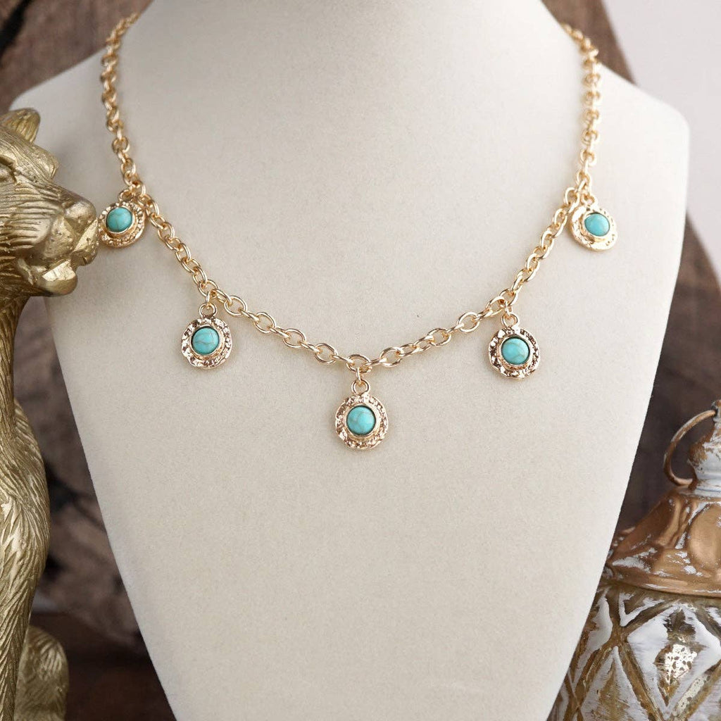 Cabochon Station Charm Necklace - Pearls Turquoise - Petite Glow