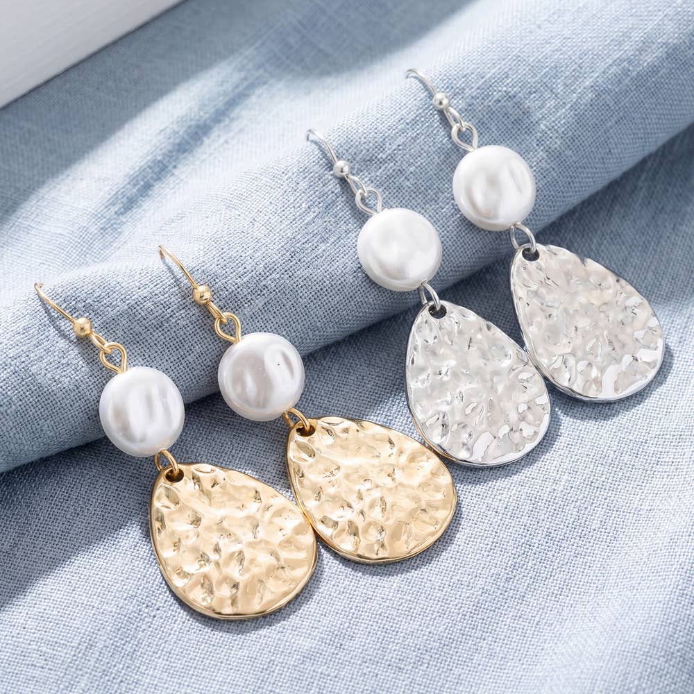 Pearl And Hammered Teardrop Drop Earrings