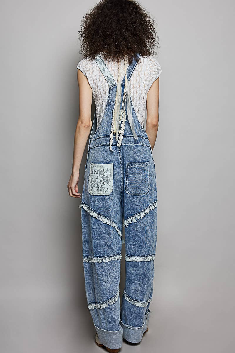Casual Straight Leg Lace Trim Adjustable Strap Overalls