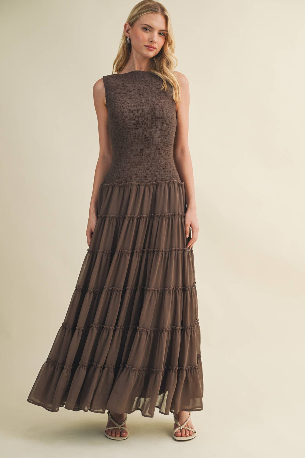 Smocked Boat Neck Tiered Maxi Dress