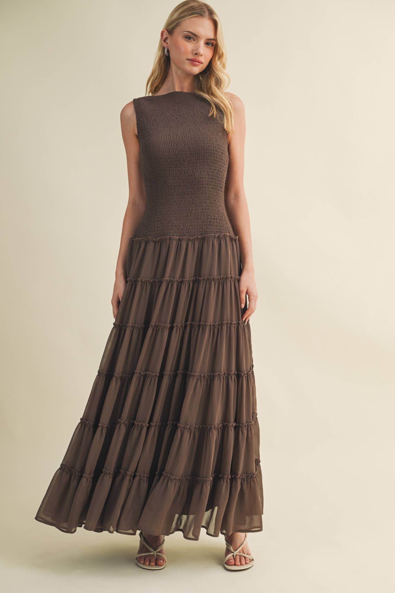 Smocked Boat Neck Tiered Maxi Dress