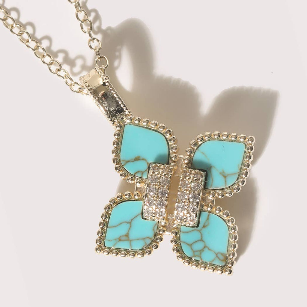 Gold CZ Pave Turquoise Clover Necklace