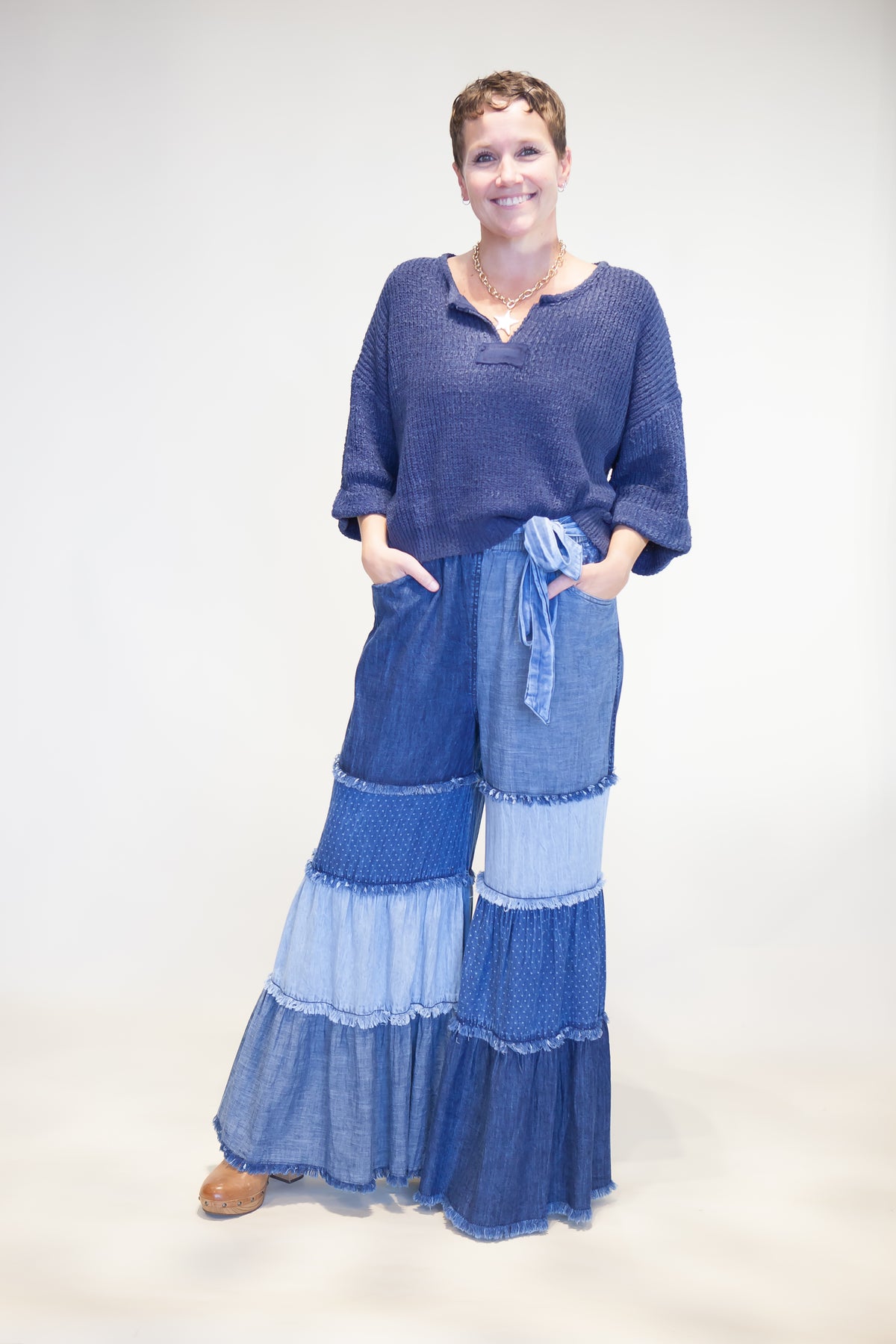 Patchwork Tiered Denim Flare Pants