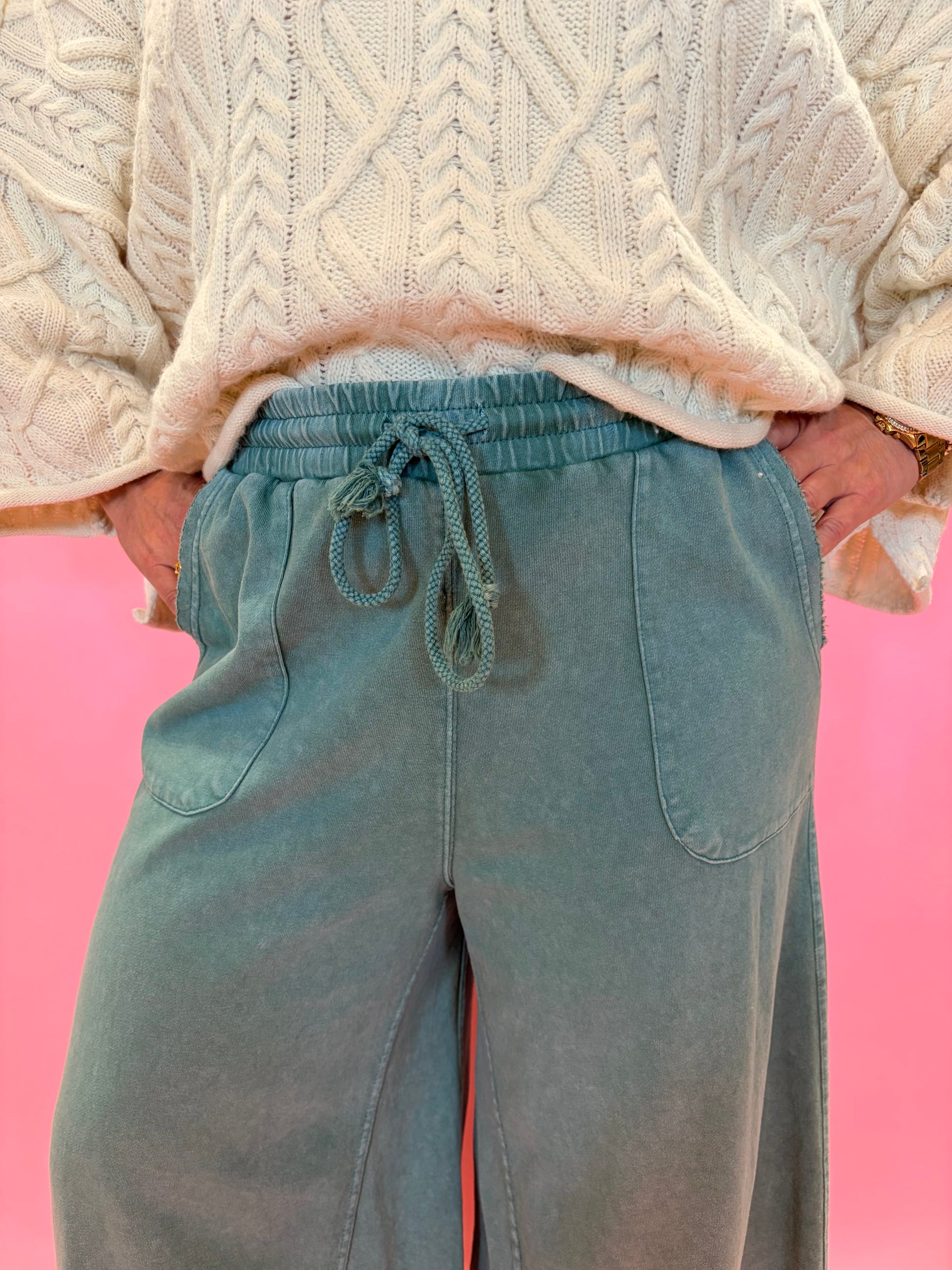 EASEL Washed Terry Wide Leg Pants