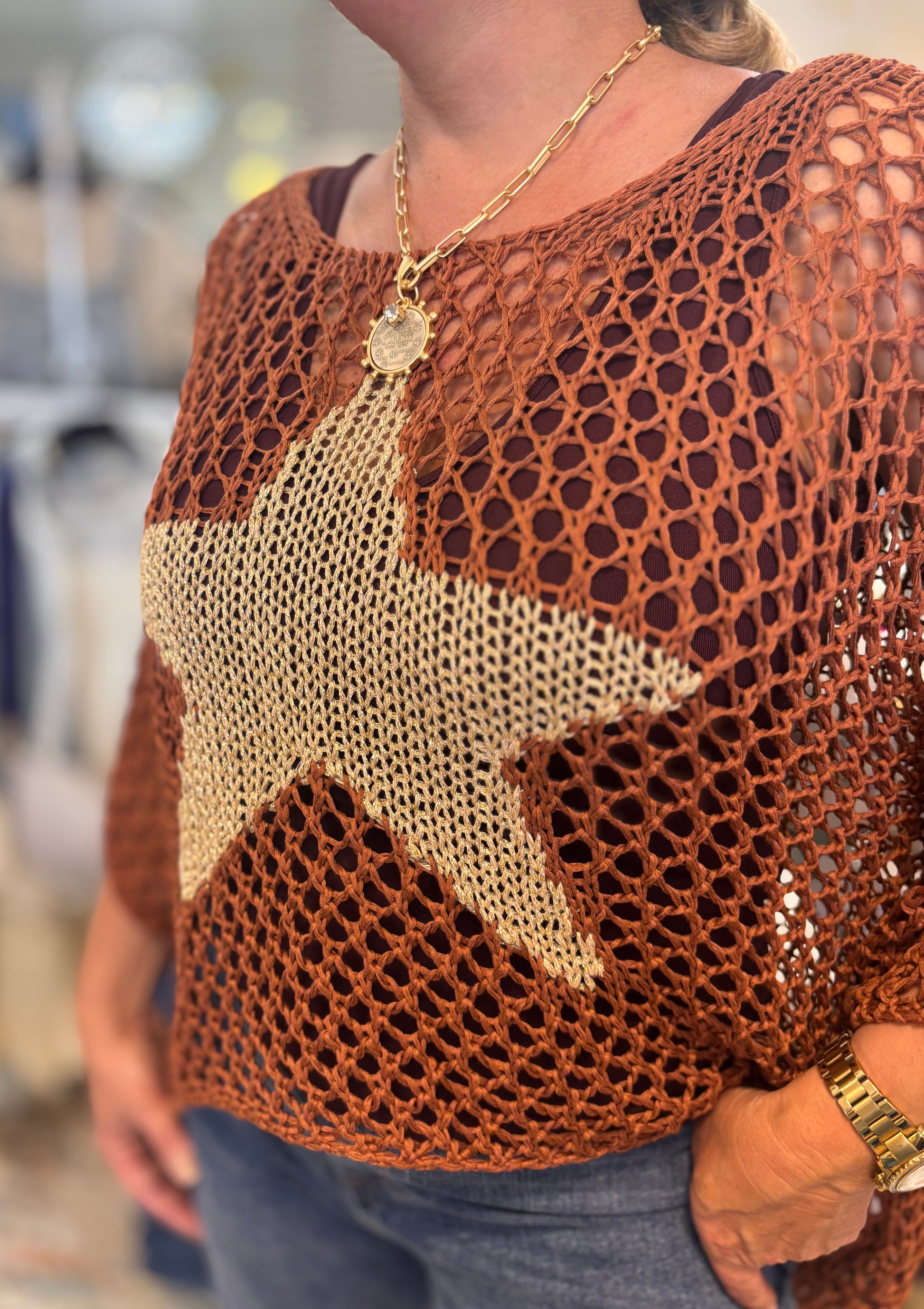 Best-Selling Crochet Top with Metallic Gold Star