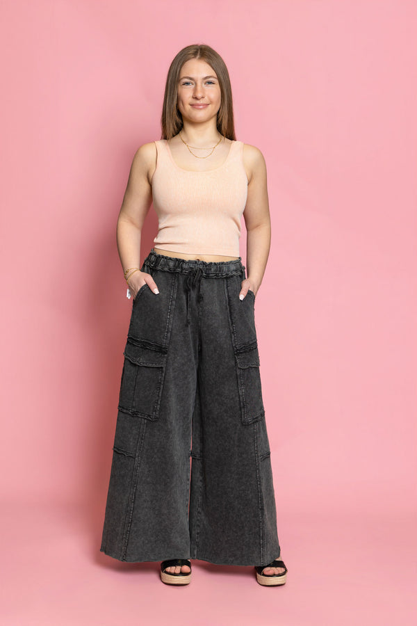 EASEL Washed Wide Leg Terry Cargo Pants