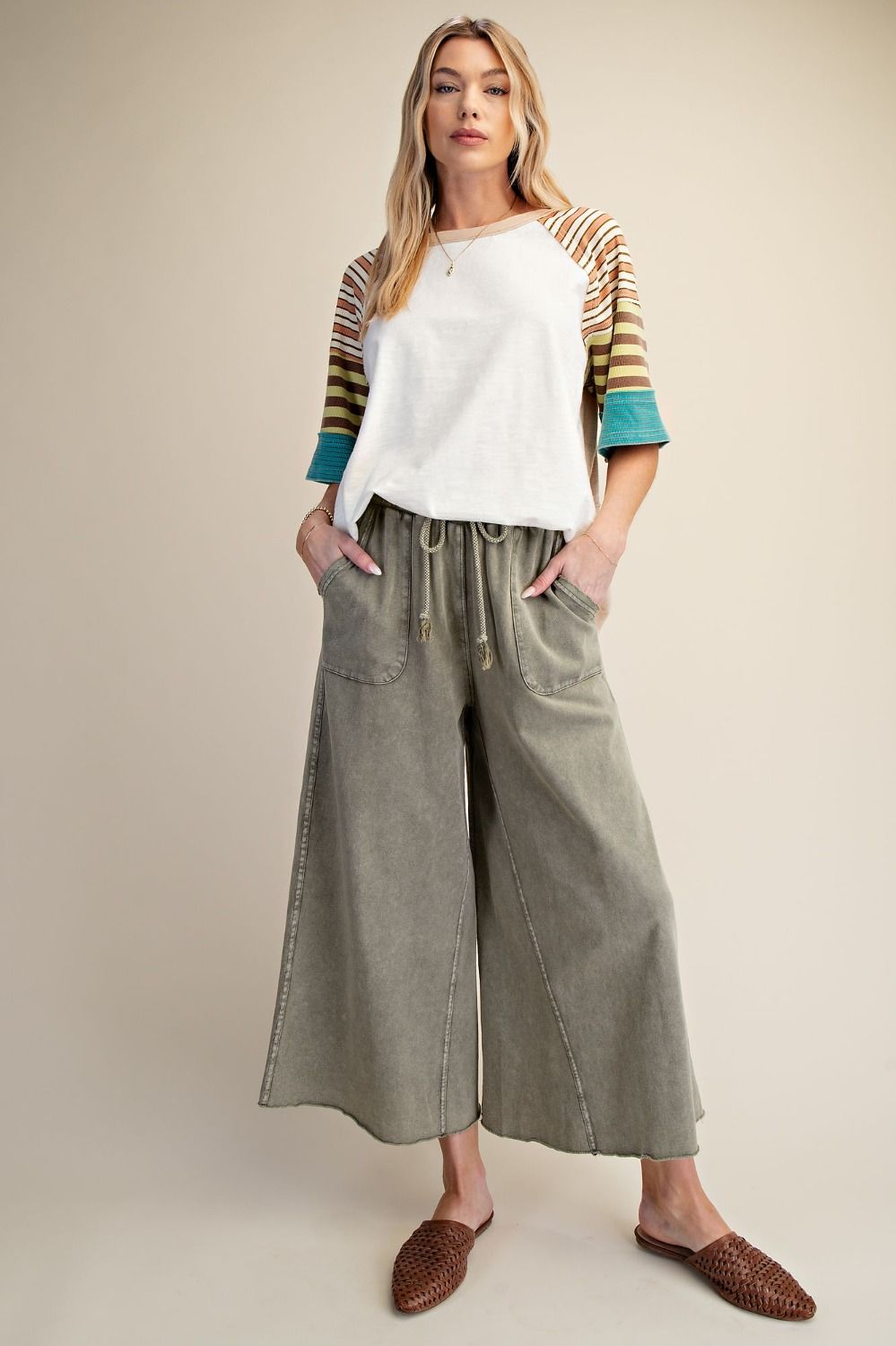 EASEL Washed Terry Wide Leg Pants