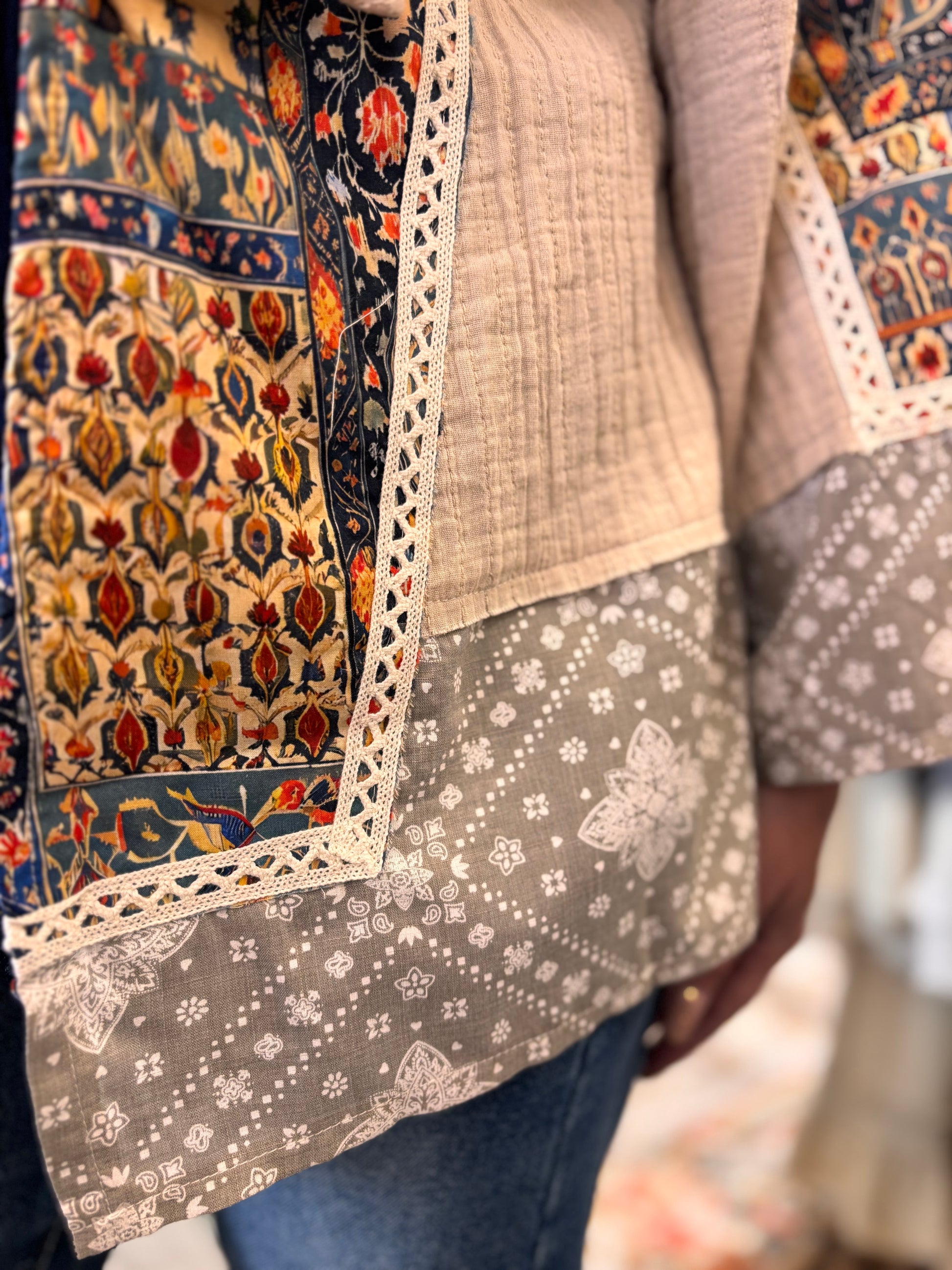 Jolene Long Sleeve Paisley Contrast Woven Open Jacket