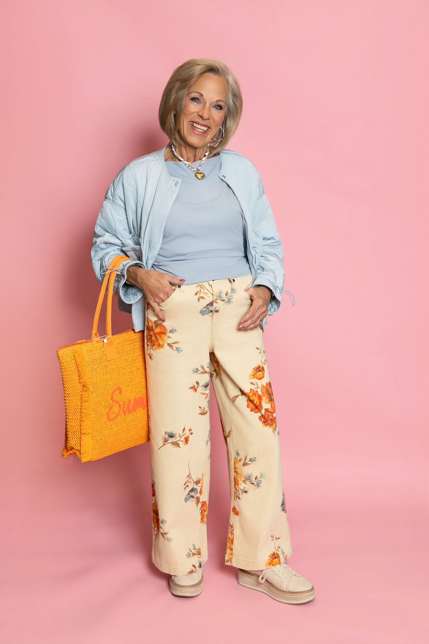 Easel Flower Print Stretch Twill Pants