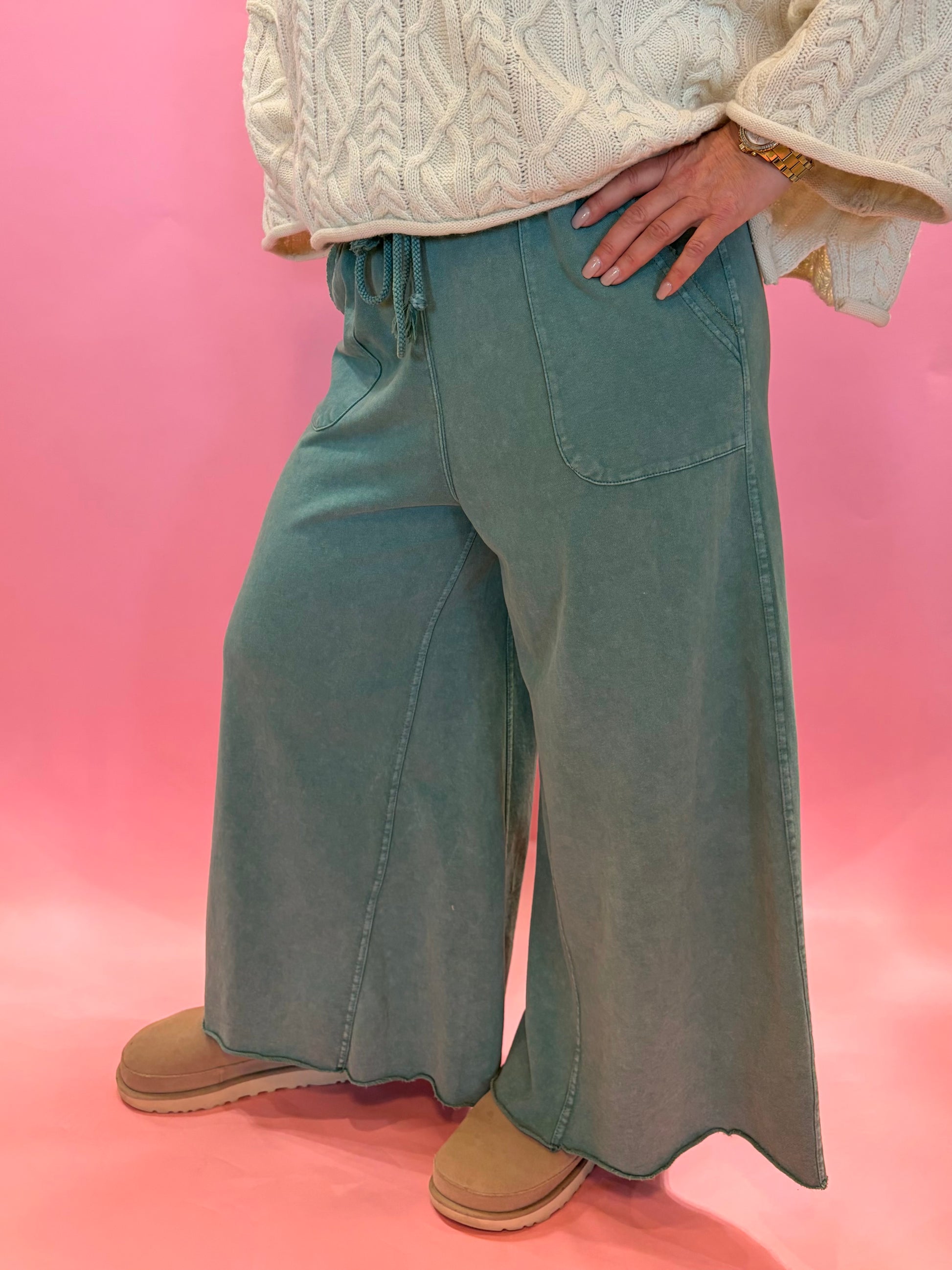 EASEL Washed Terry Wide Leg Pants