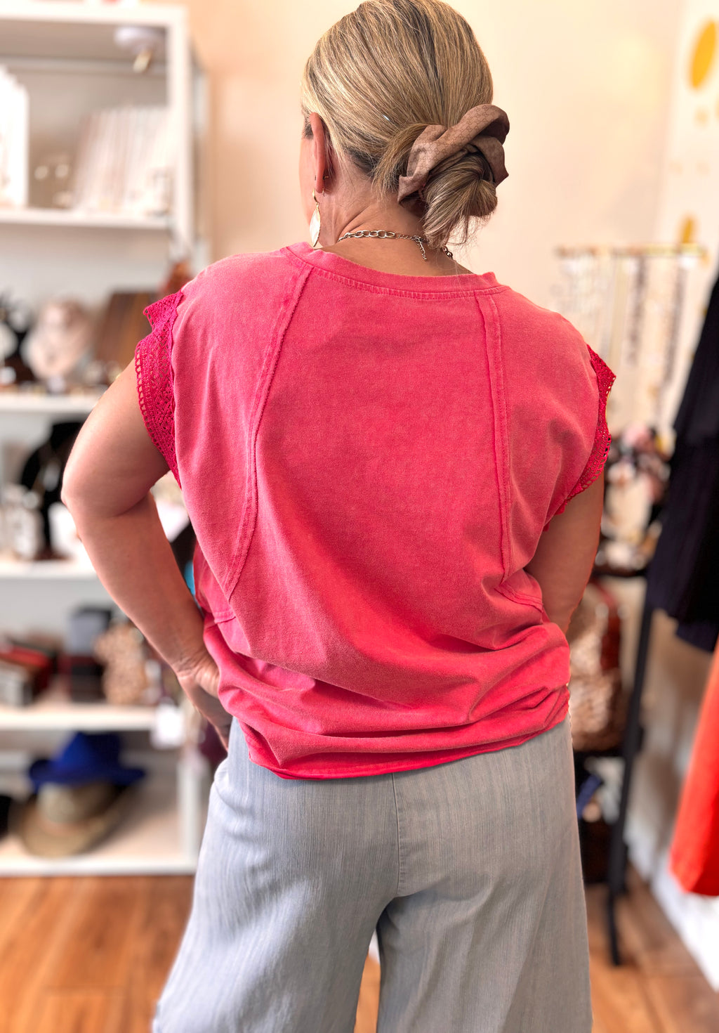 Joy by BiBi Crochet Trimmed Top in Fuchsia