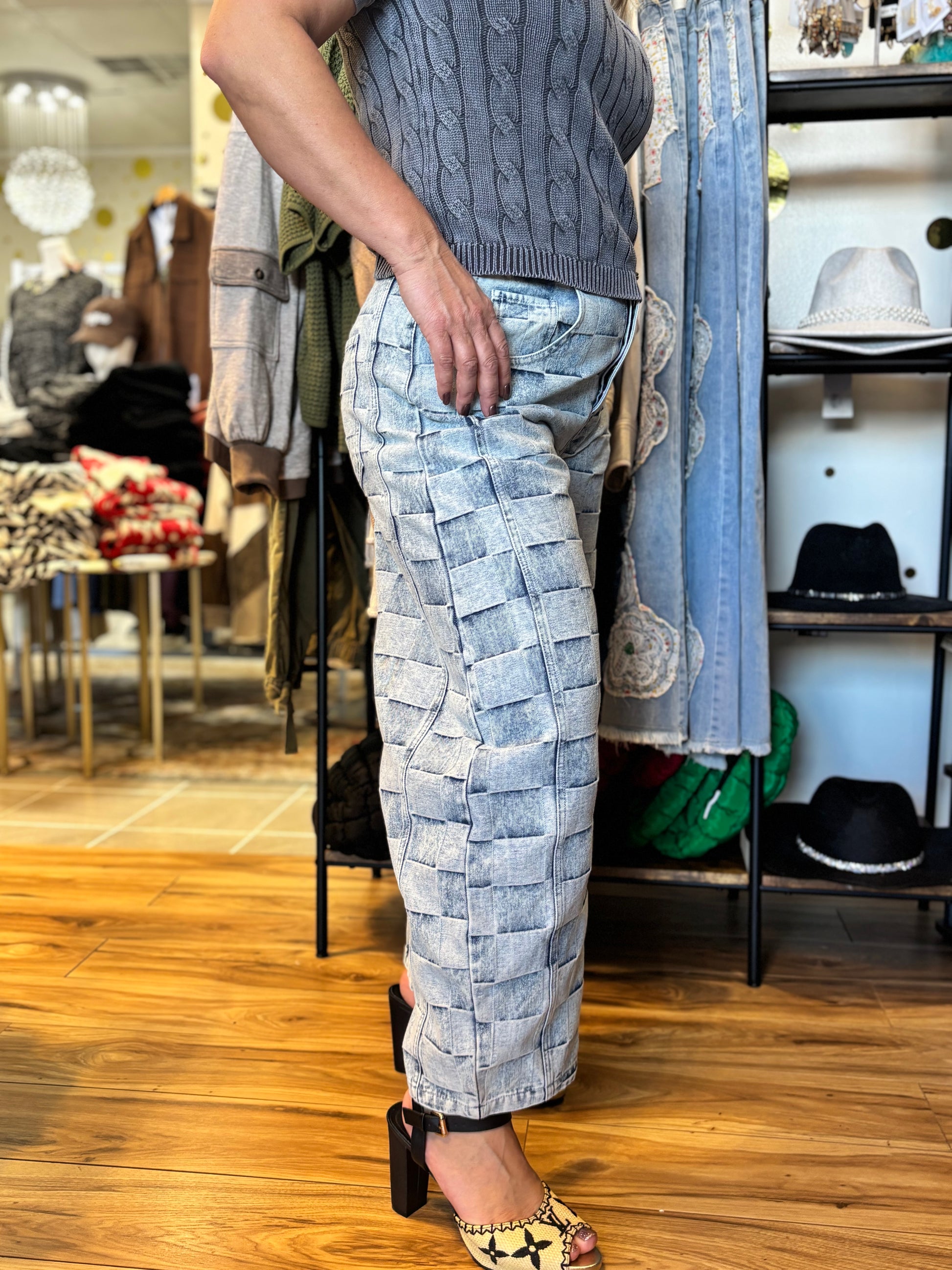 Mariana Barrel Leg Jeans - Checkered Patchwork Design