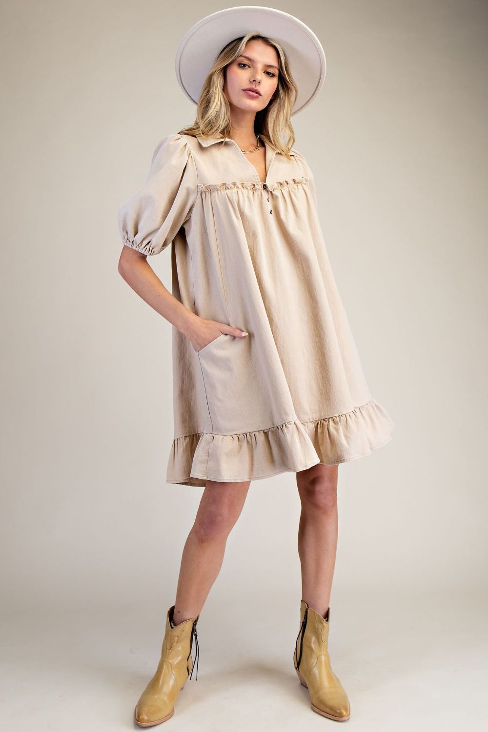 Easel Ruffle Bottom Chambray Dress
