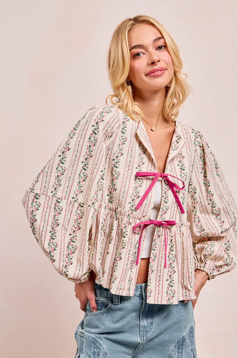 Knissa Floral Tie Balloon Sleeve Top