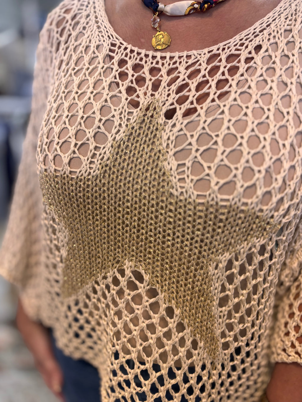 Best-Selling Crochet Top with Metallic Gold Star