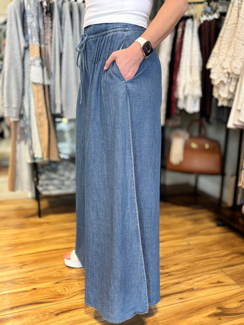 Claire Pintuck Wide Leg Denim Pants