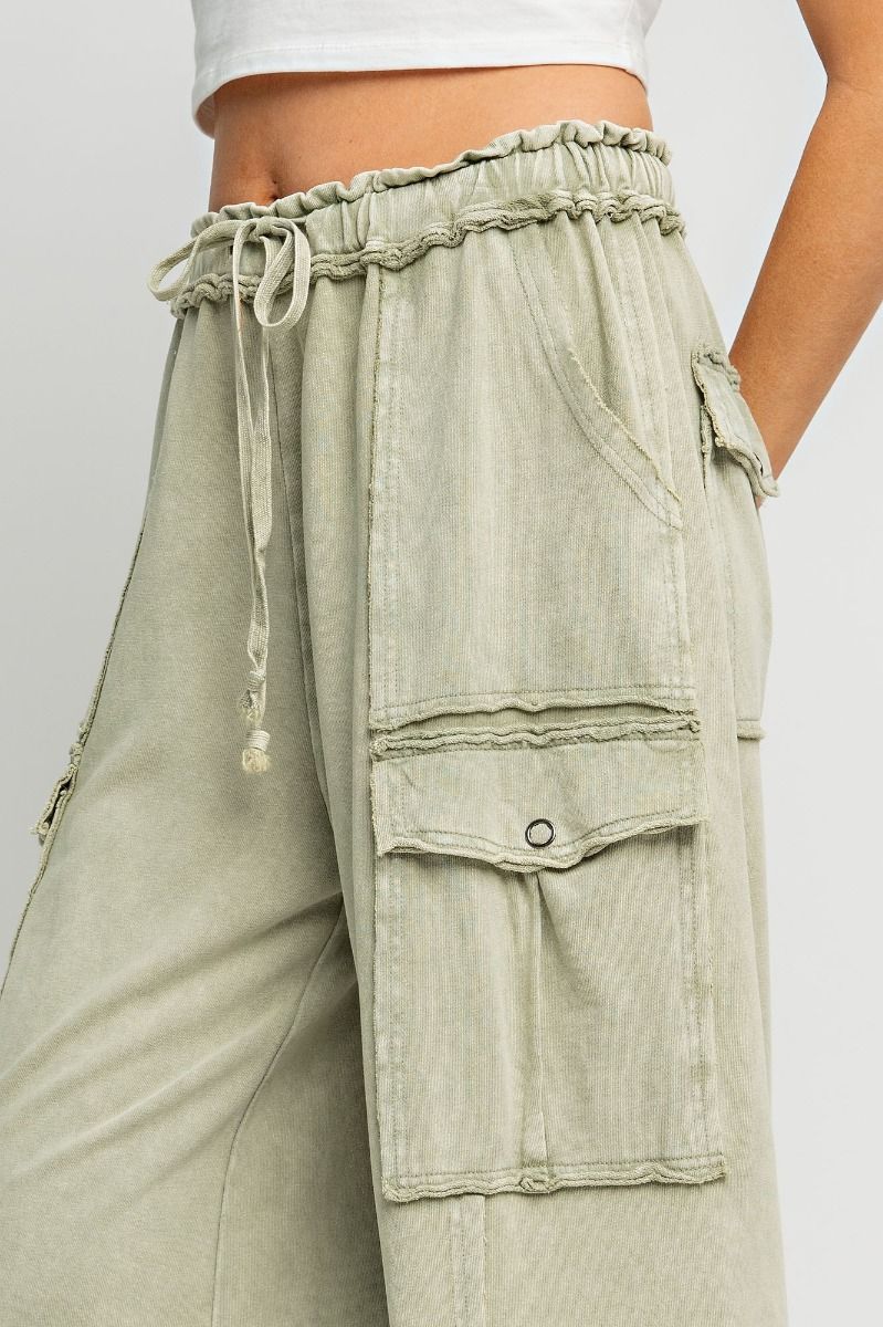 EASEL Washed Wide Leg Terry Cargo Pants