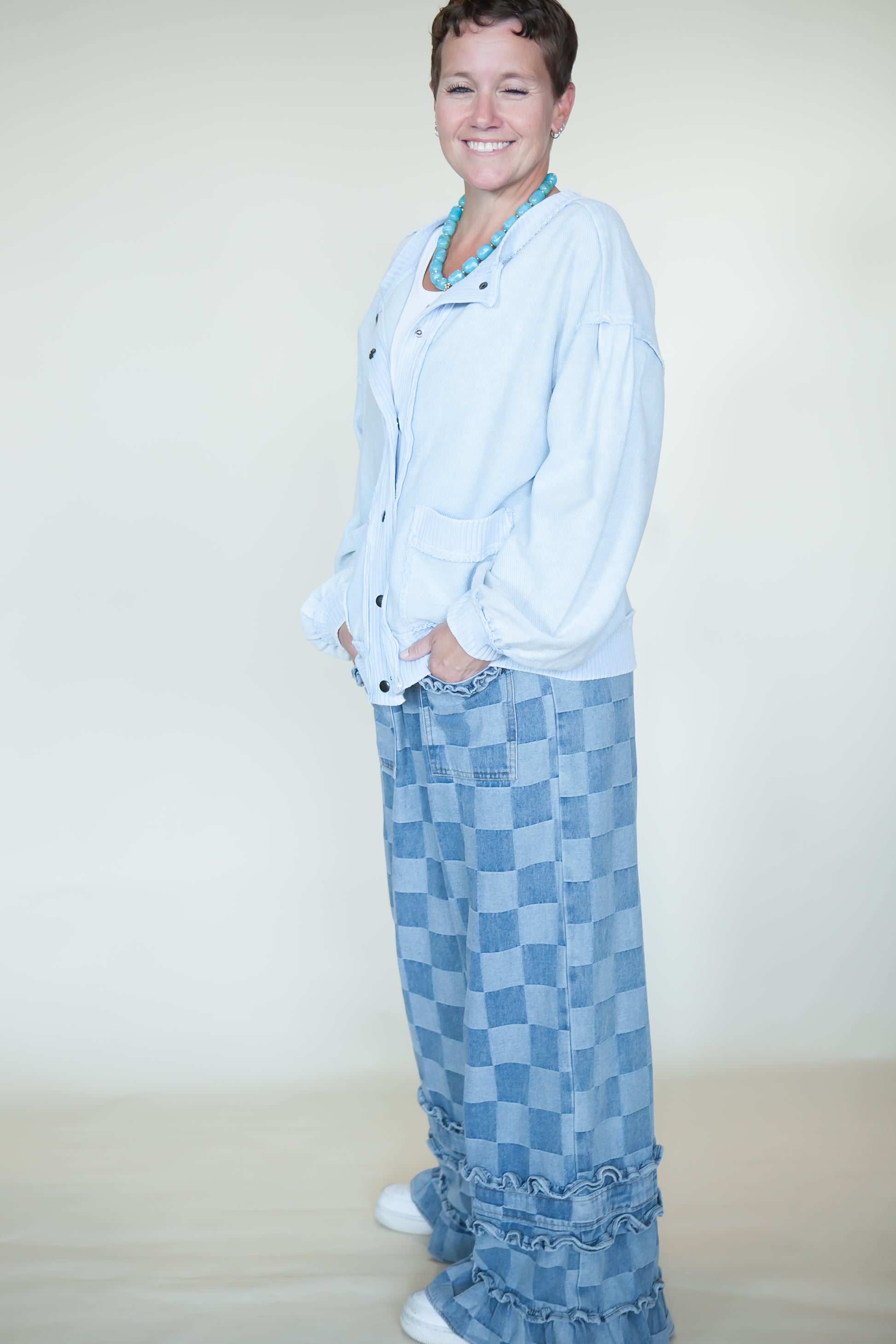 Stevie Checkered Ruffle Wide Leg Jeans