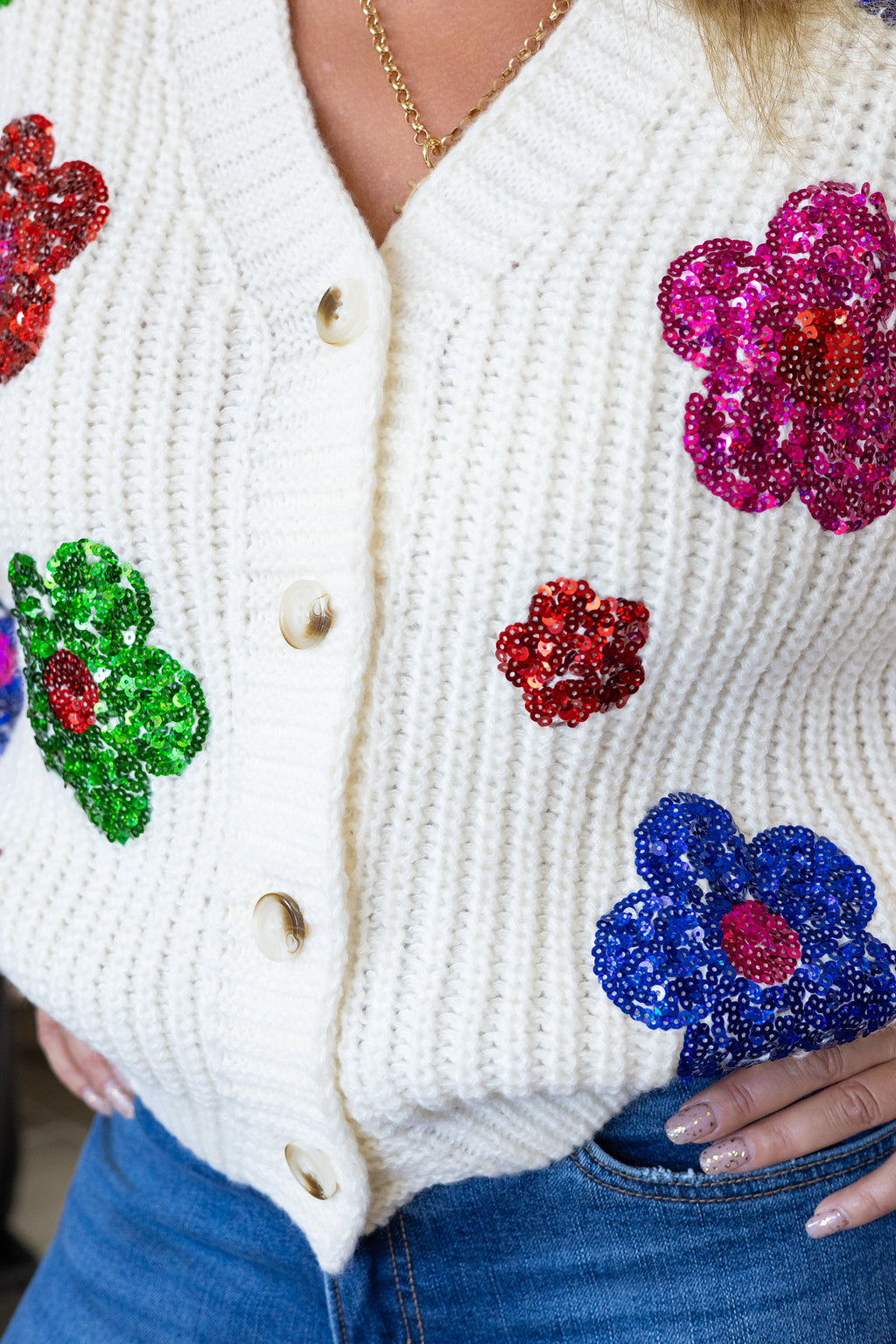 Sandra Sequin Flower Cardigan - Ivory Chunky Knit