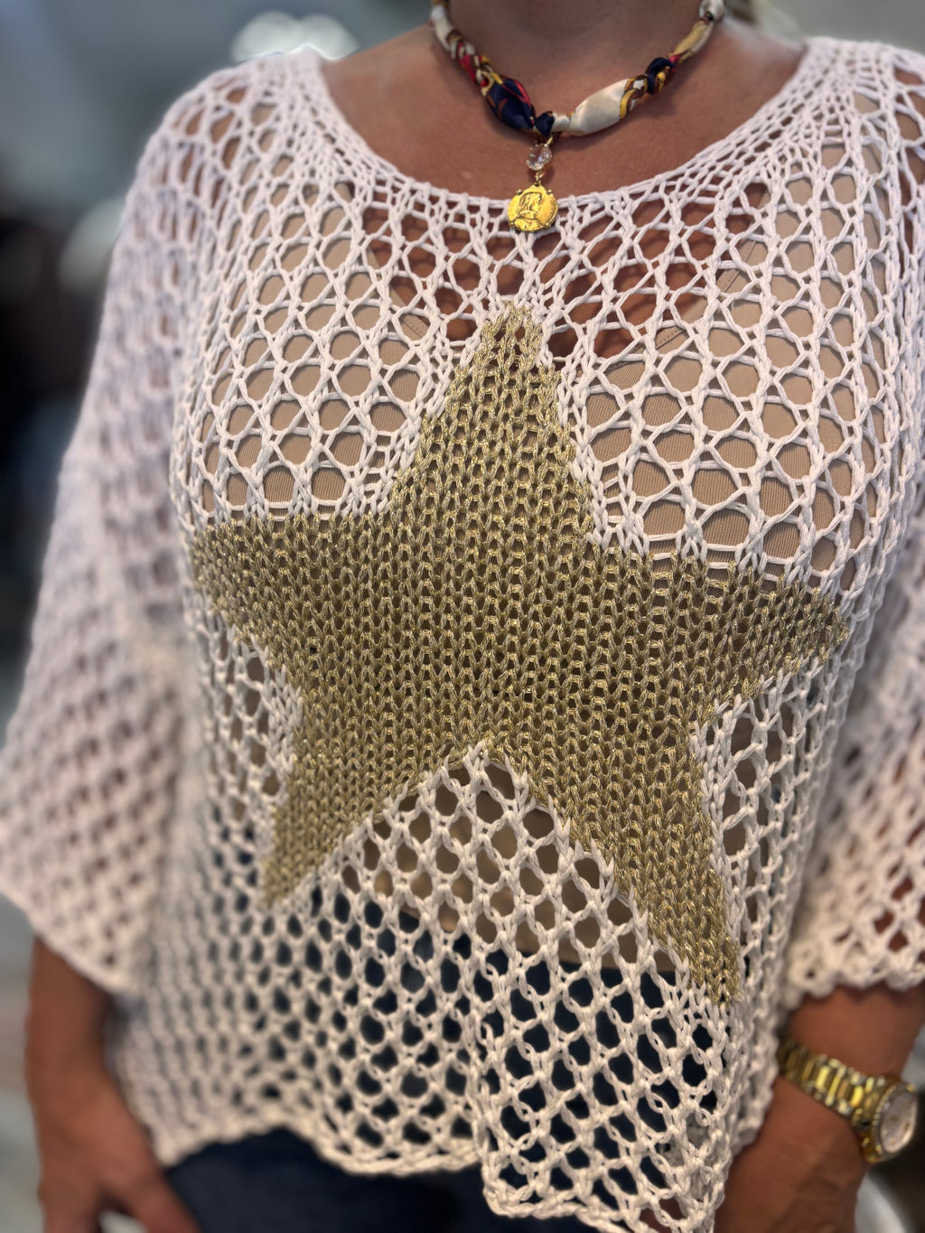 Best-Selling Crochet Top with Metallic Gold Star
