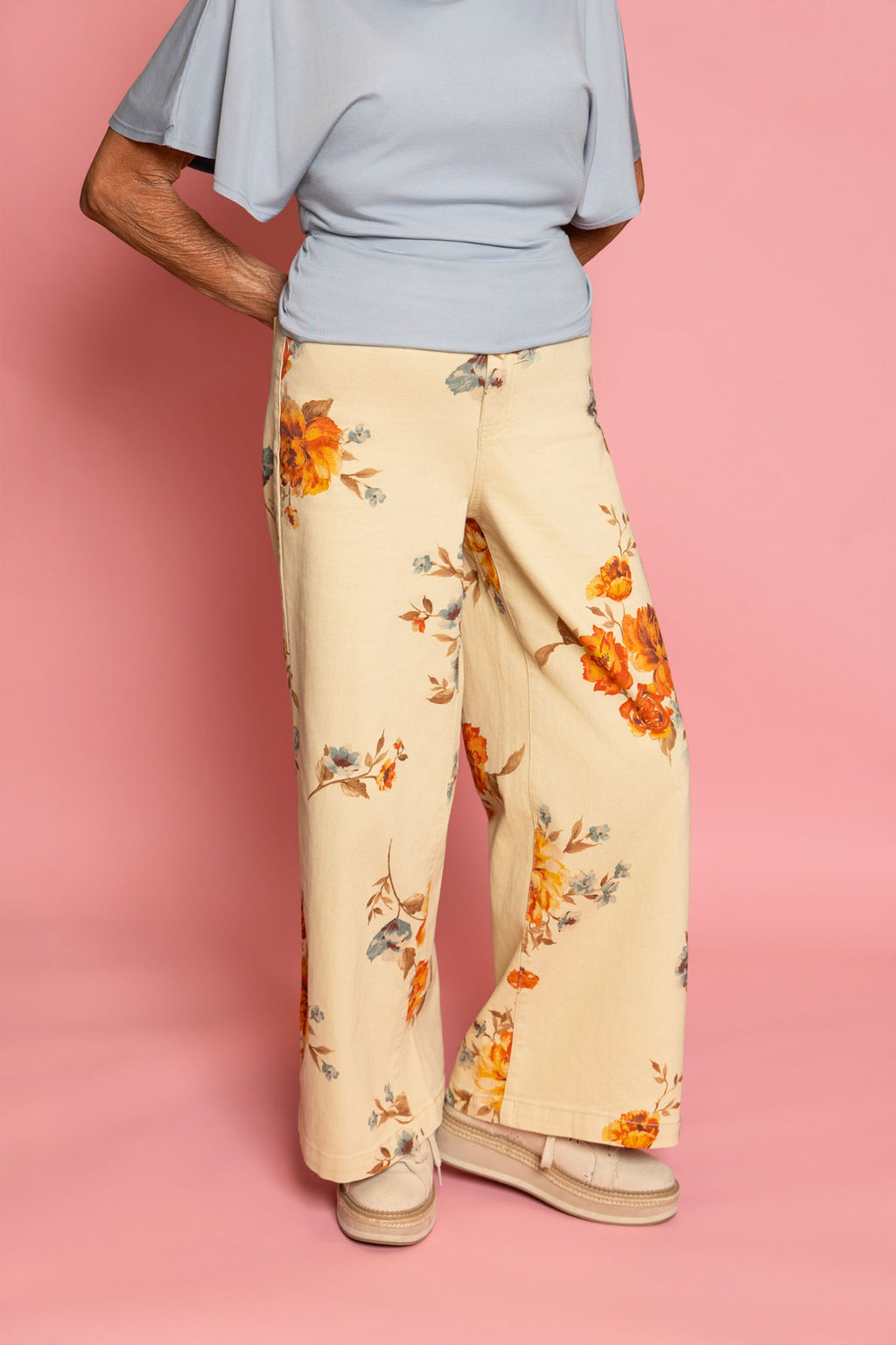 Easel Flower Print Stretch Twill Pants