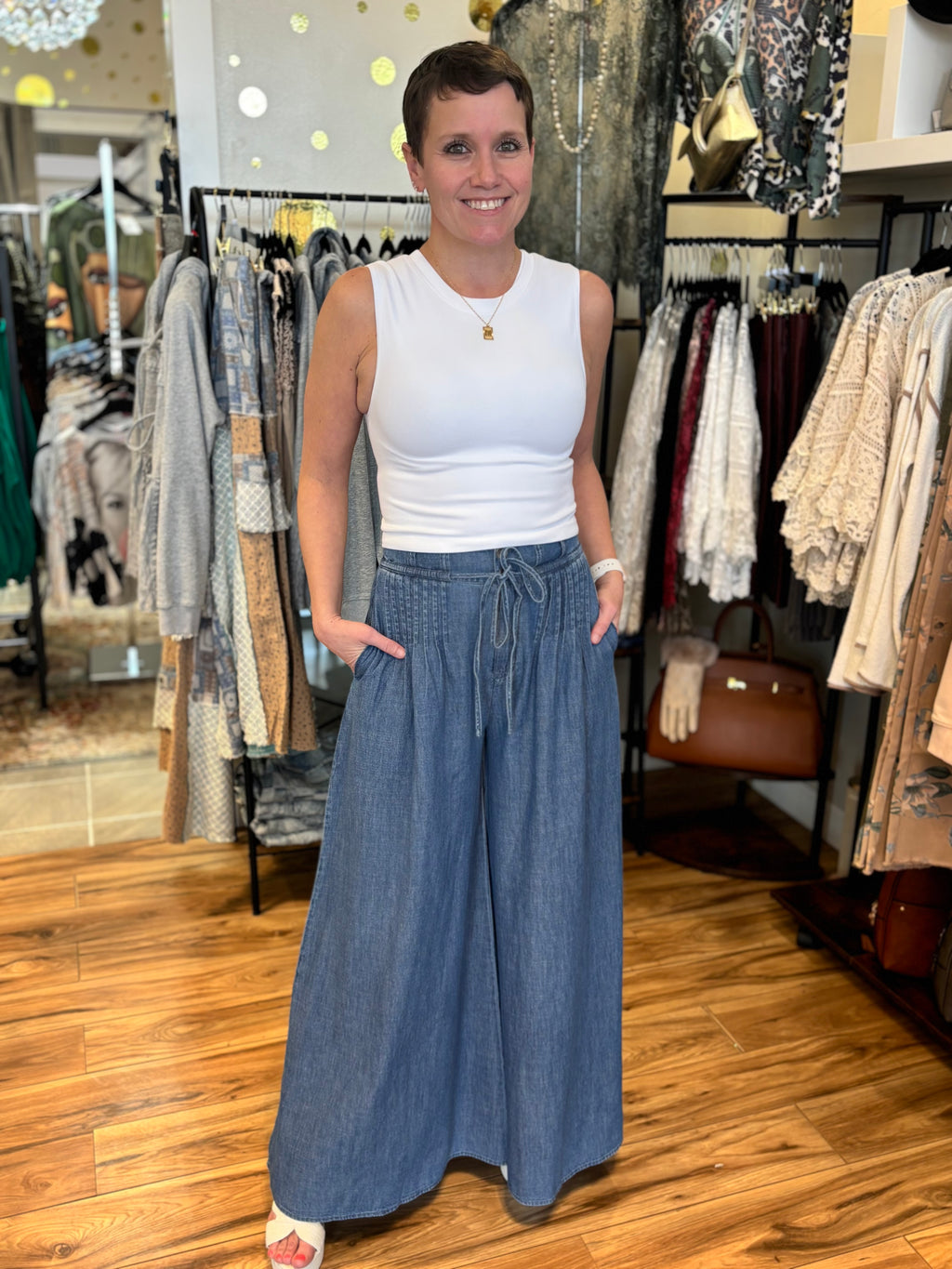 Claire Pintuck Wide Leg Denim Pants