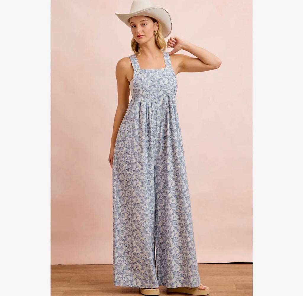 Washed Twill Flower Printed Overall w/ Front Pocket