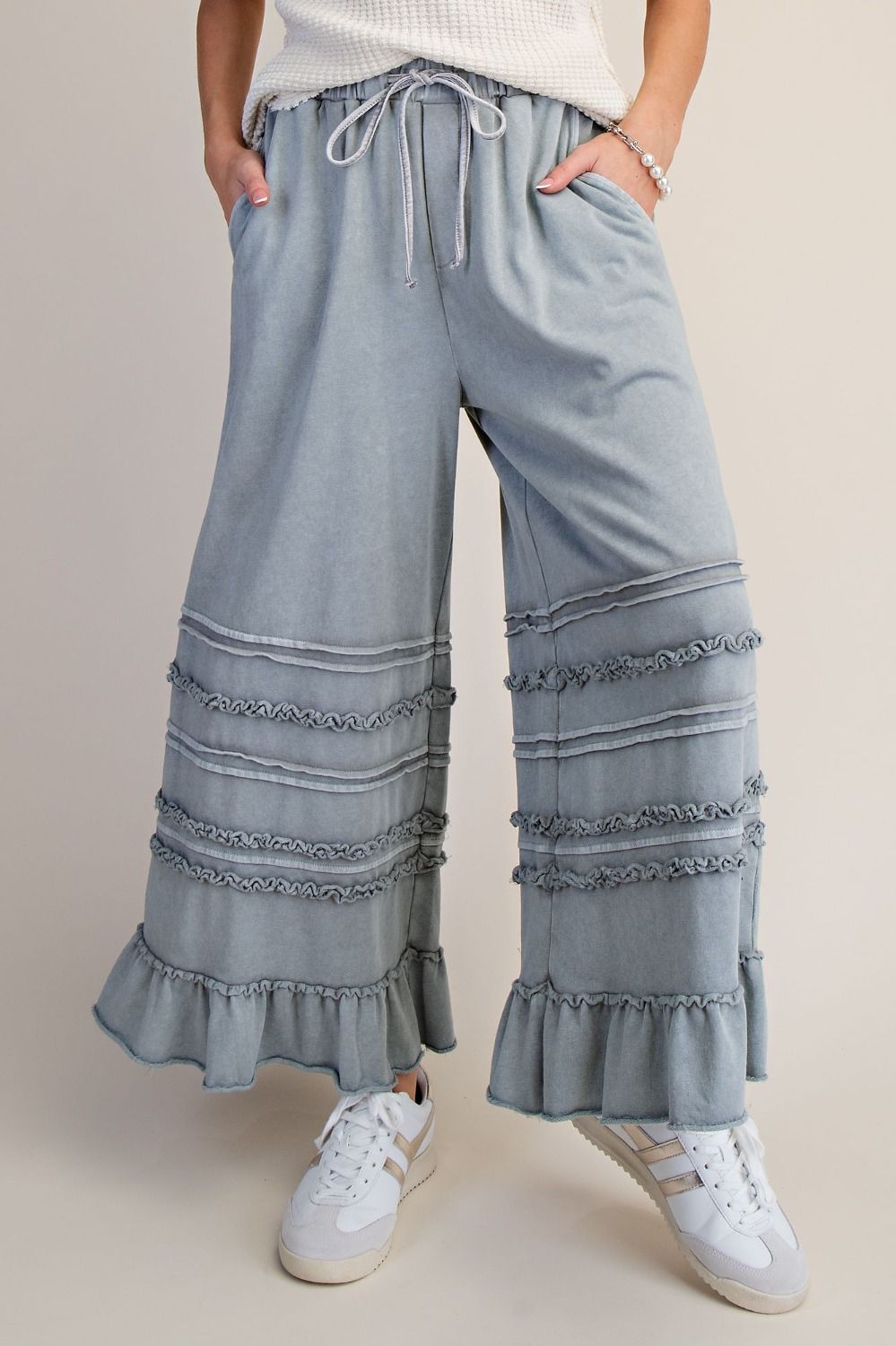 Easel Washed Terry Tiered Ruffle Wide Leg Pants