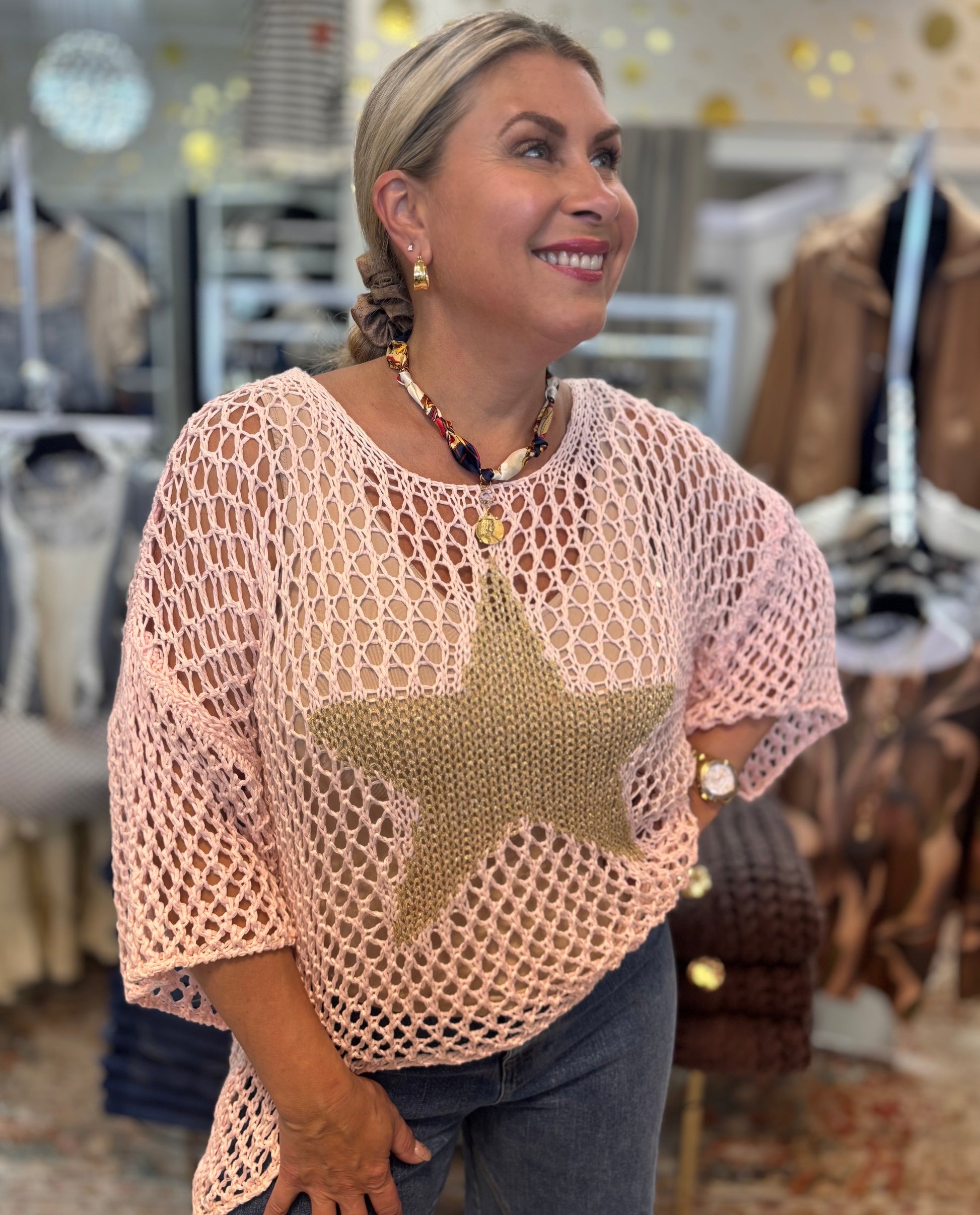 Best-Selling Crochet Top with Metallic Gold Star