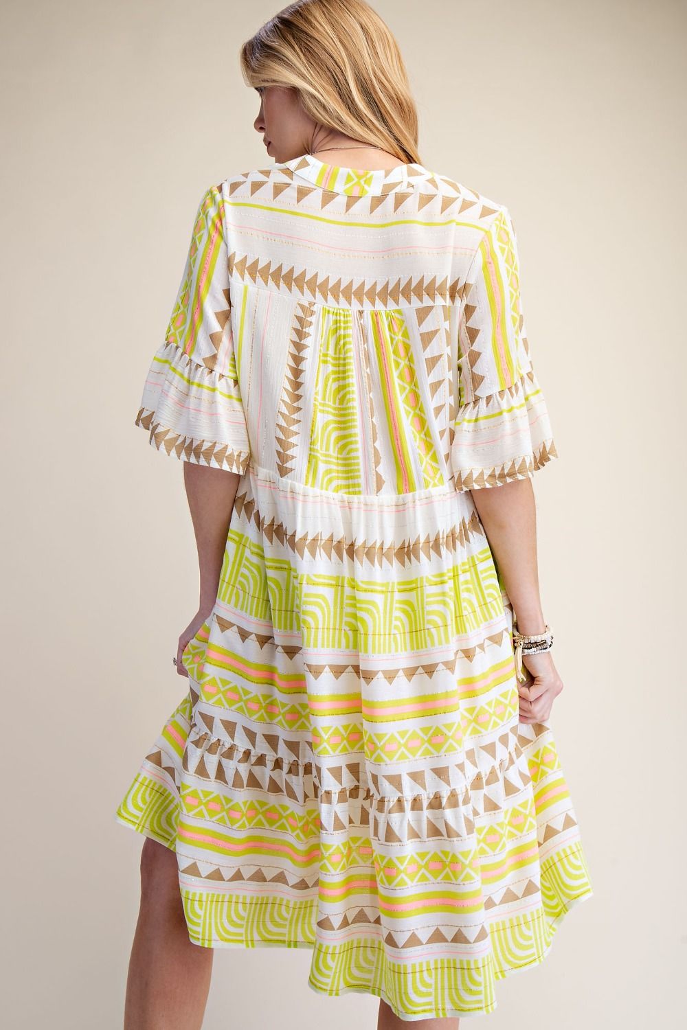 Easel 3/4 Sleeve Ethnic Print Gauze Dress