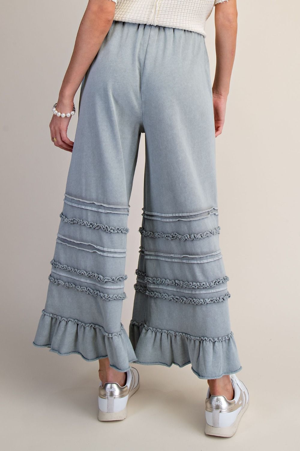 Easel Washed Terry Tiered Ruffle Wide Leg Pants