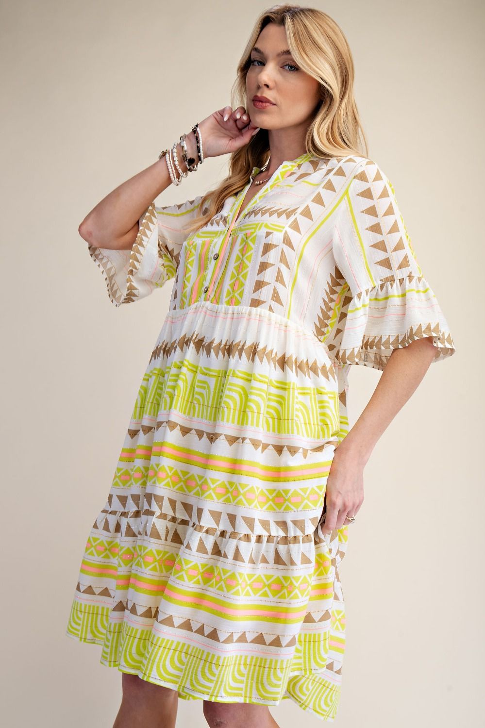 Easel 3/4 Sleeve Ethnic Print Gauze Dress