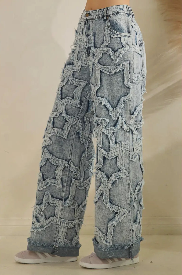 Textured Washed Star Patch Jeans