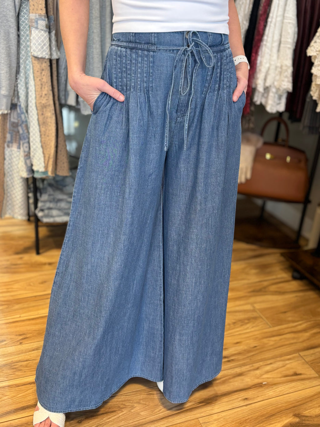 Claire Pintuck Wide Leg Denim Pants