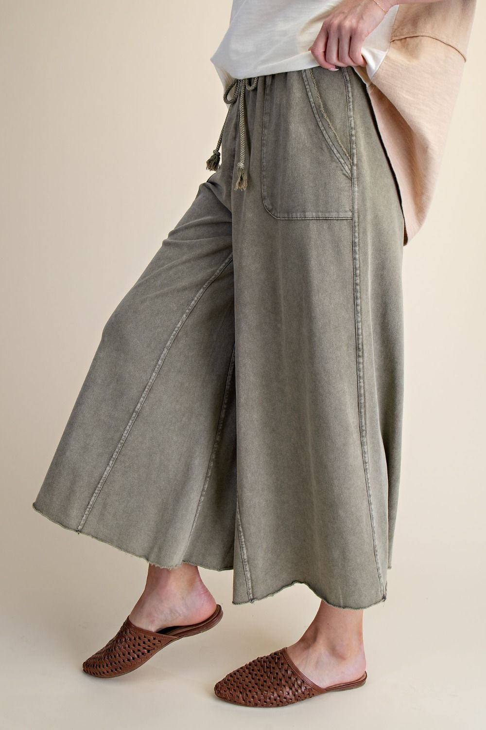 EASEL Washed Terry Wide Leg Pants