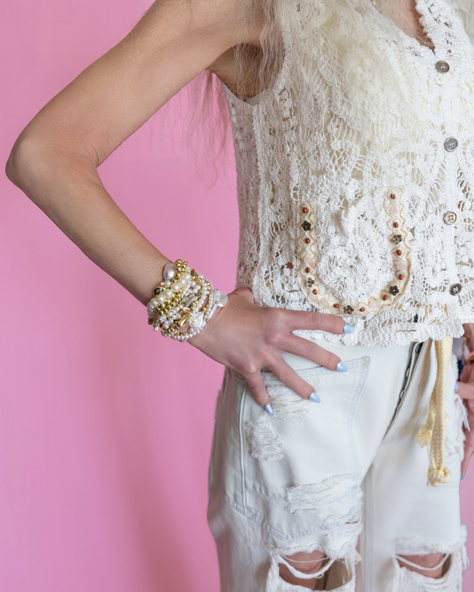 POL V-Neck Stud Bead Crochet Vest Top