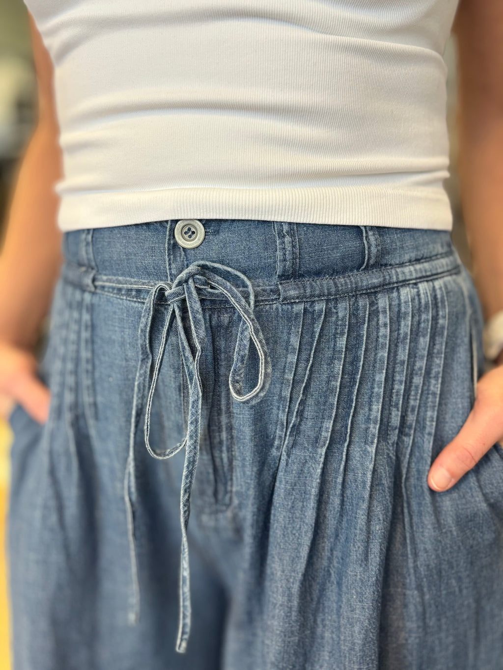 Claire Pintuck Wide Leg Denim Pants
