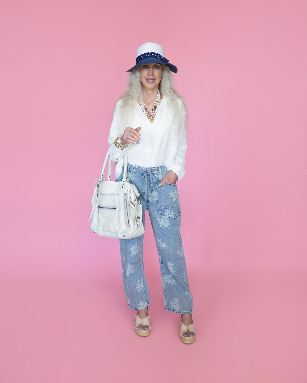 ROSE PRINTED WASHED DENIM PANTS WITH WAIST BELT