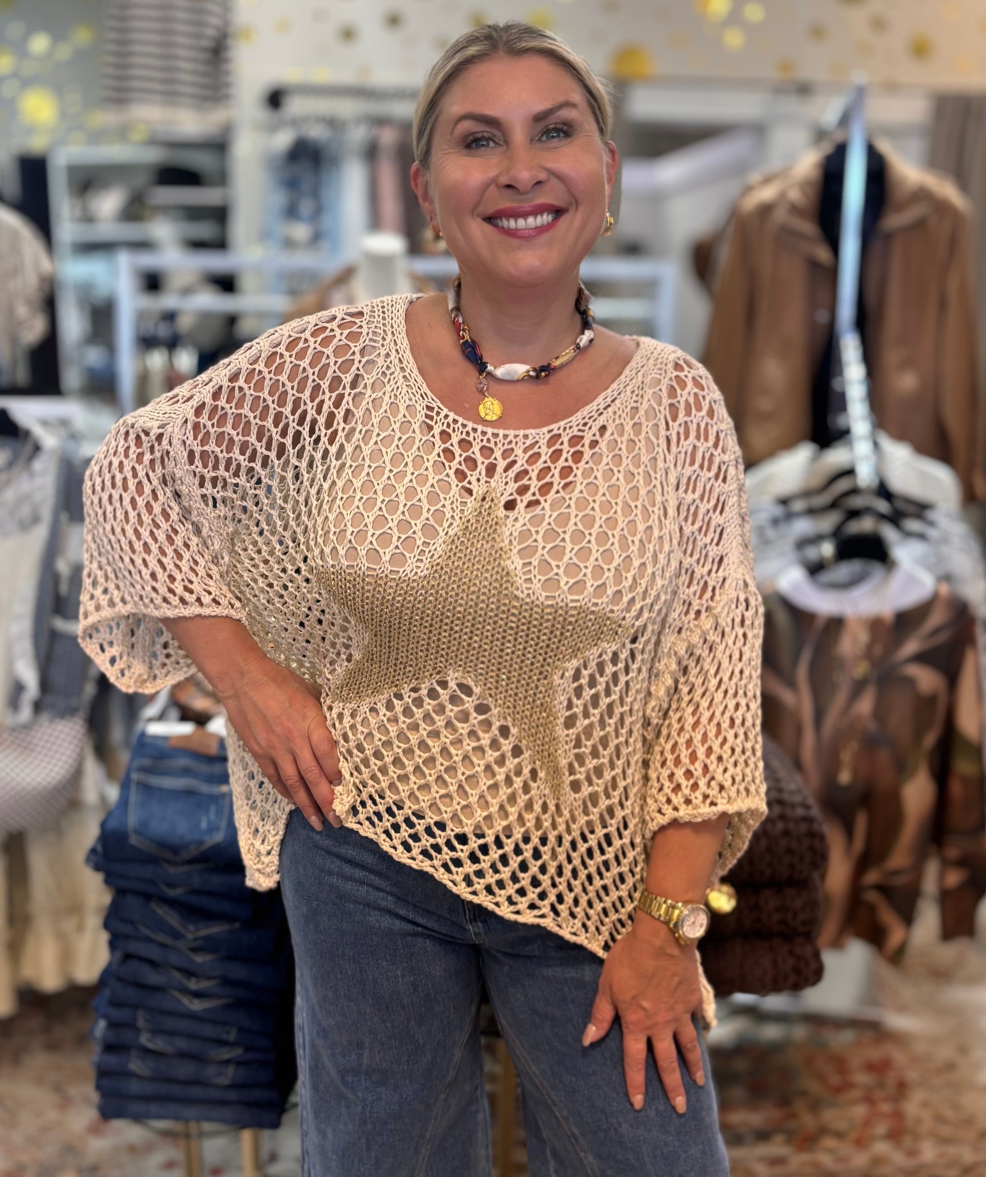 Best-Selling Crochet Top with Metallic Gold Star