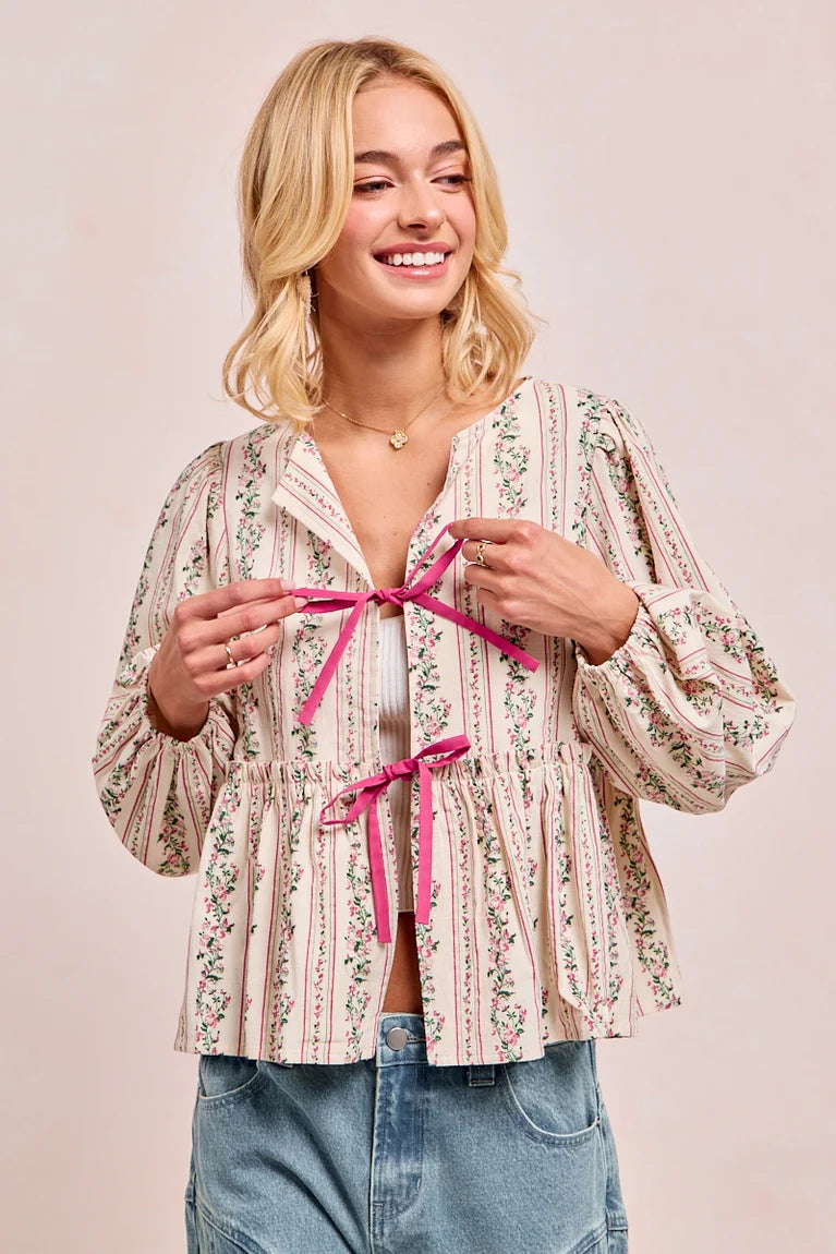 Knissa Floral Tie Balloon Sleeve Top