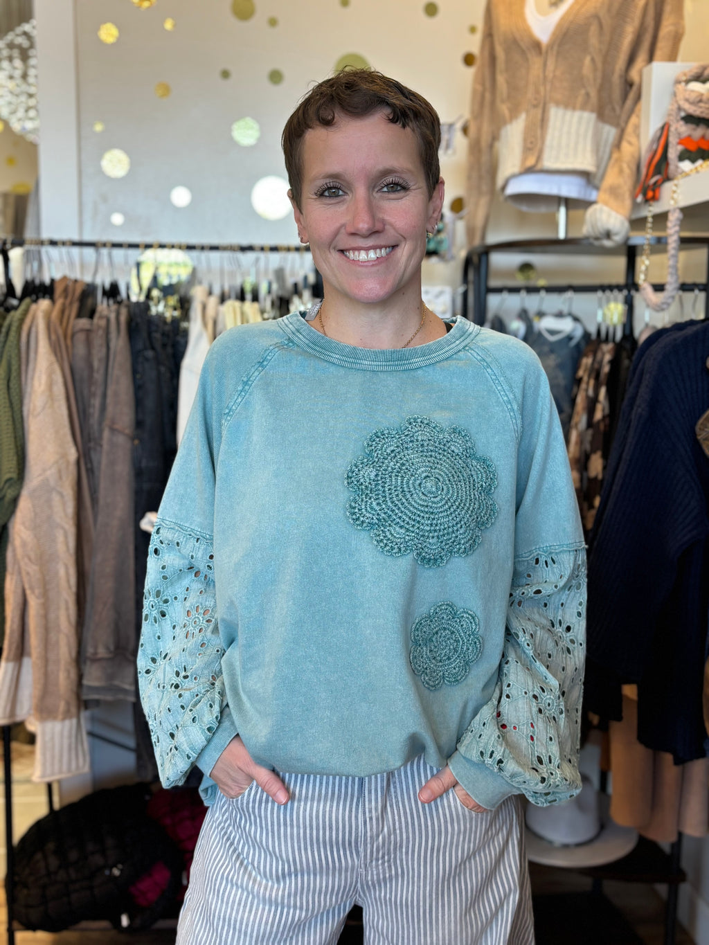 Easel Bestsellers Cotton Long Sleeve Meadow Stitch Top