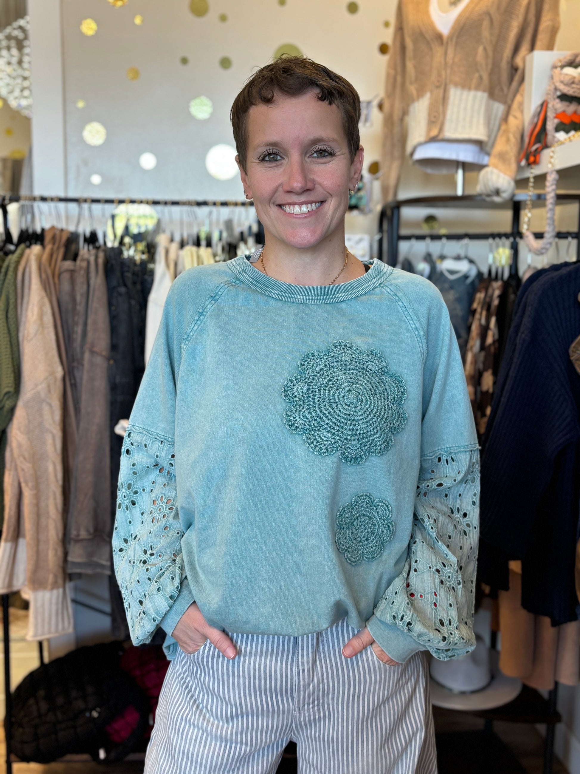 Easel Bestsellers Cotton Long Sleeve Meadow Stitch Top