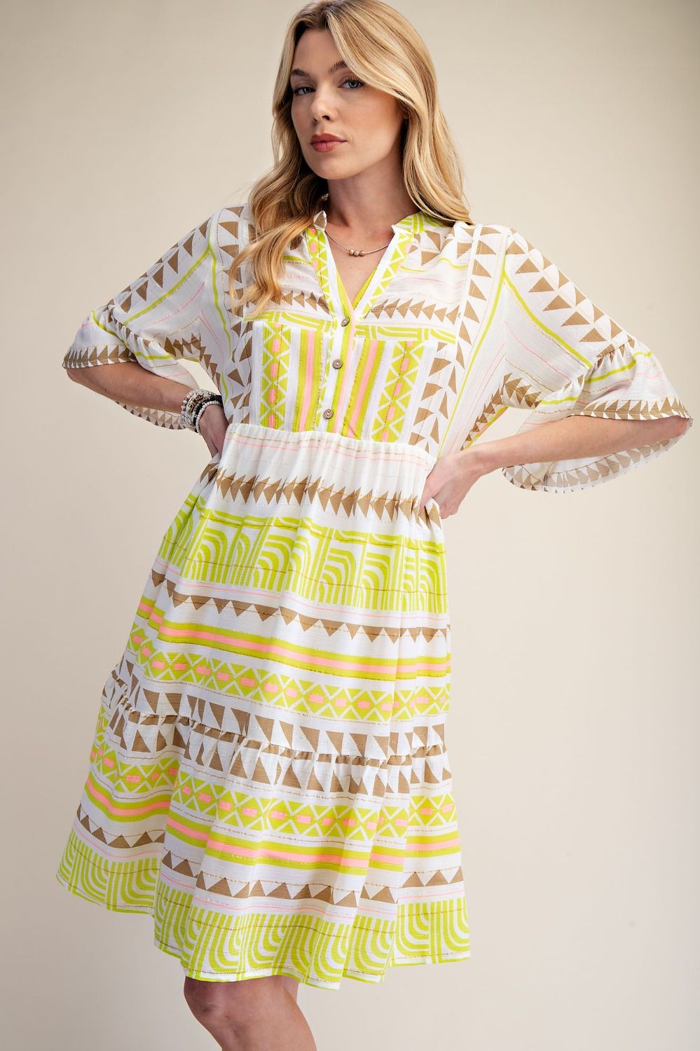 Easel 3/4 Sleeve Ethnic Print Gauze Dress