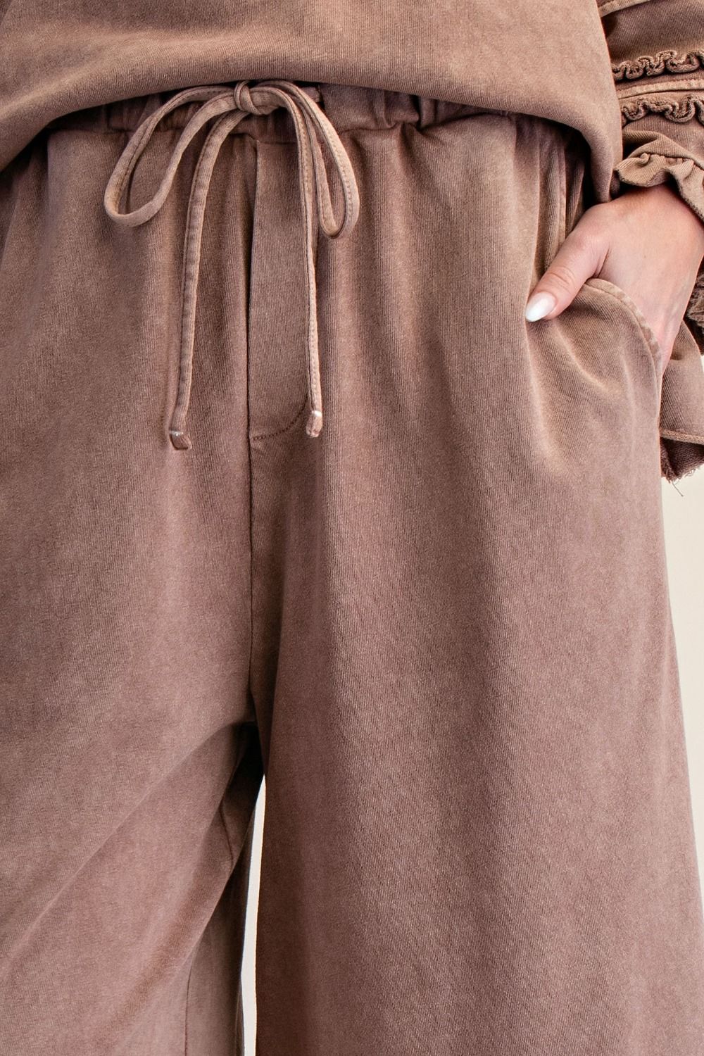Easel Washed Terry Tiered Ruffle Wide Leg Pants