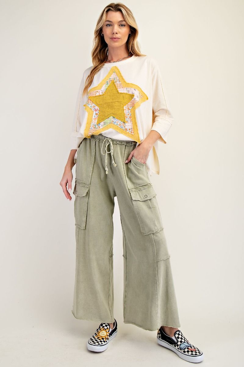 EASEL Washed Wide Leg Terry Cargo Pants