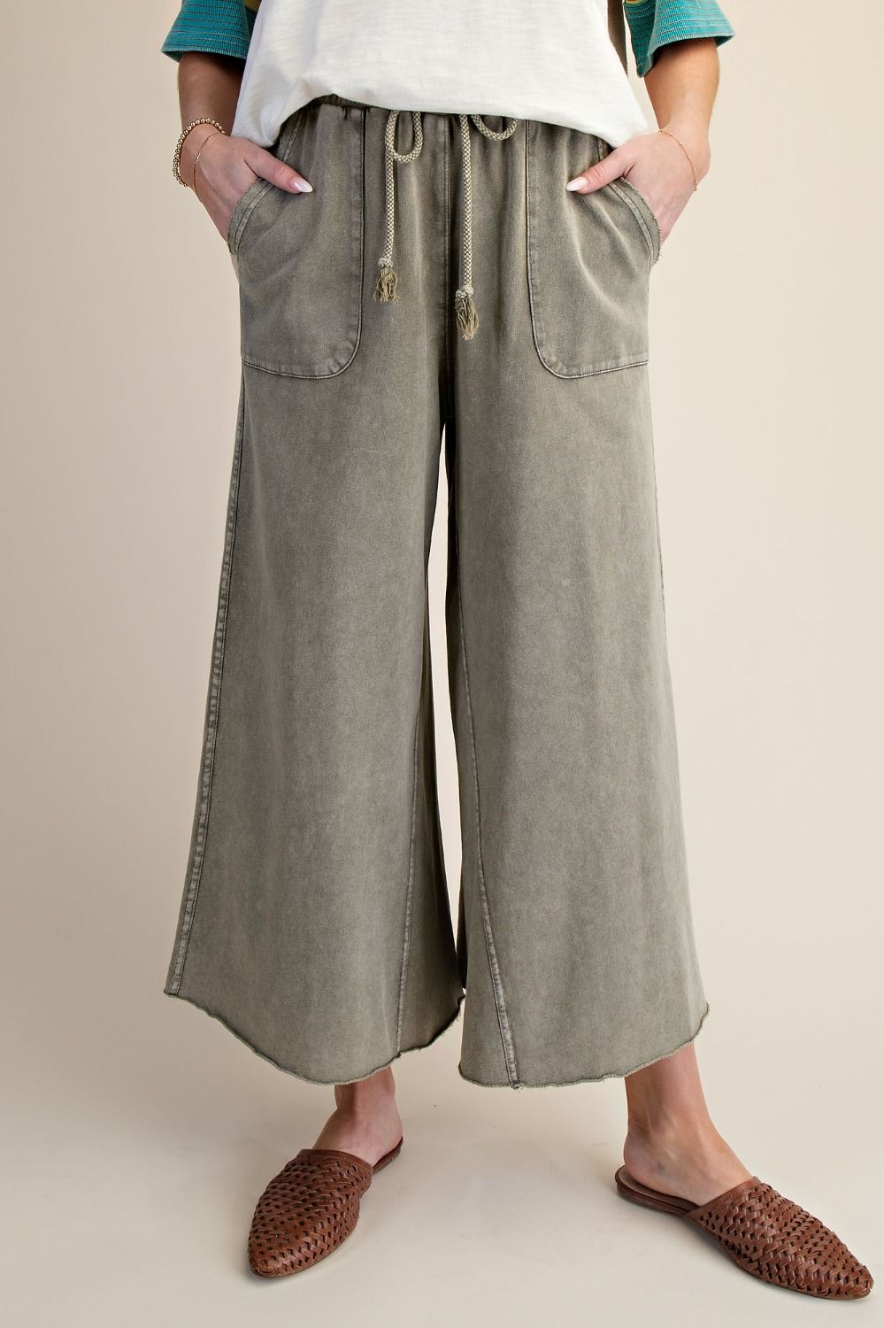 EASEL Washed Terry Wide Leg Pants
