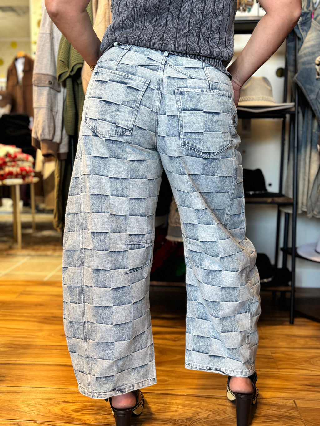Mariana Barrel Leg Jeans - Checkered Patchwork Design