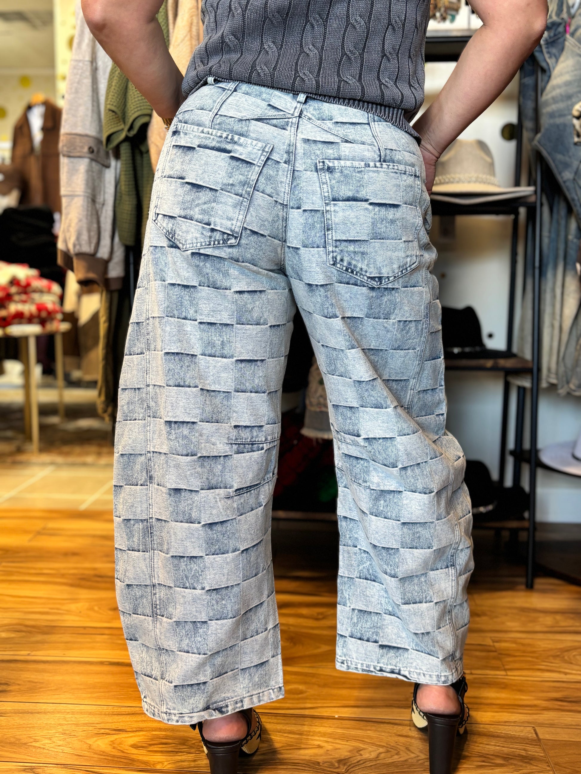 Mariana Barrel Leg Jeans - Checkered Patchwork Design