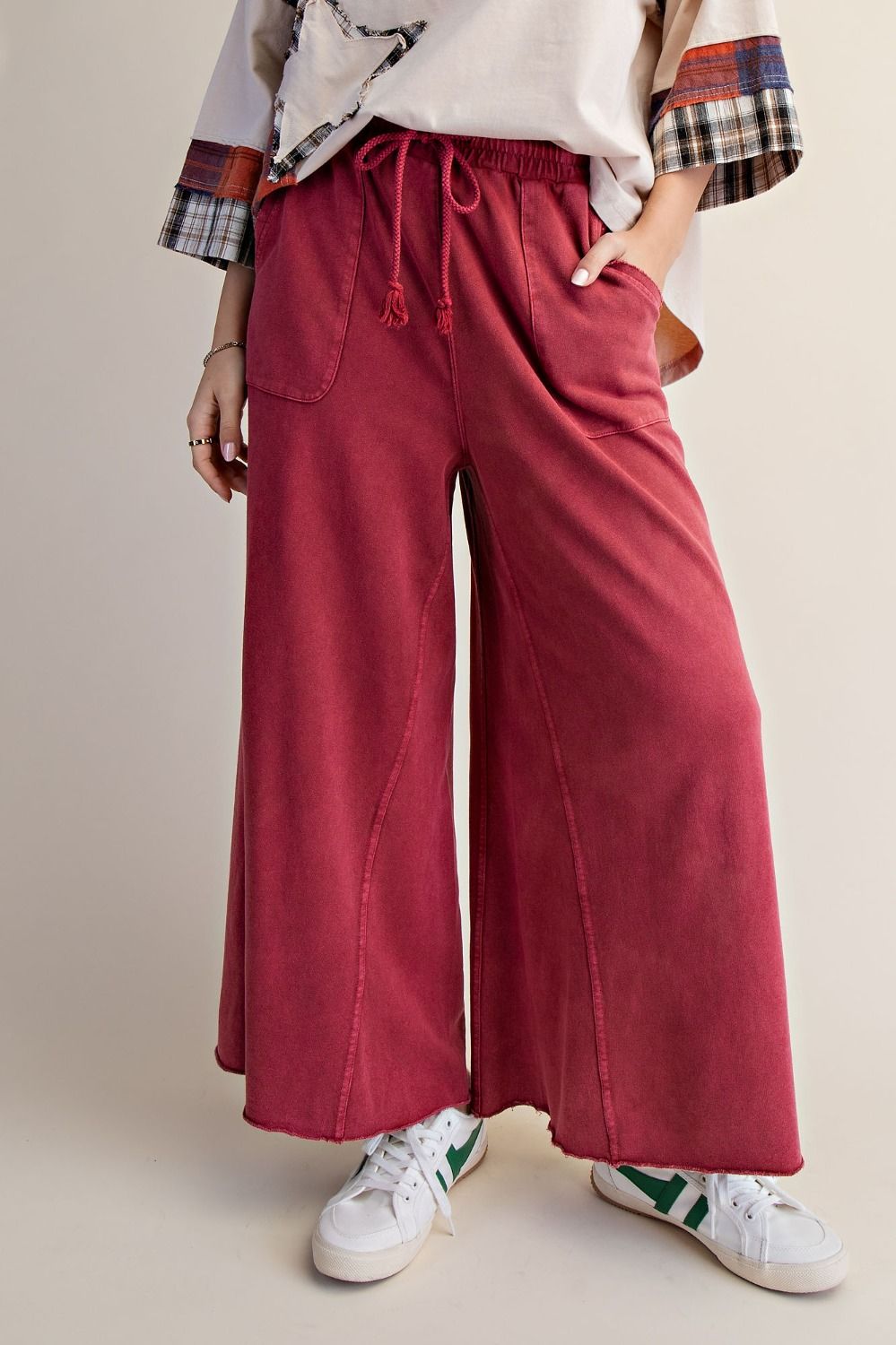 EASEL Washed Terry Wide Leg Pants